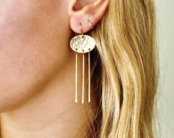 Chandelier Statement Earrings. Handmade hammered brass on 14K gold filled ear wires. Long boho earrings.