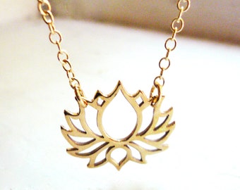 Gold Lotus Necklace. Open Lotus Flower Necklace in Gold Filled and Natural Brass - Gold Blooming Lotus Flower Necklace. Life abd Rebirth.