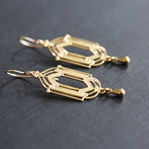 Gold Art Deco Earrings. 14K Gold Filled and Brass Earrings. Gold architectural window chandelier earrings. Classic Art Deco earrings. image 5