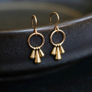 Three Golden Drops Earrings. 14K Gold Filled and Bronze Earrings. Minimalist Gold Teardrop Earrings. Triple drops. Perfect Gold Earrings