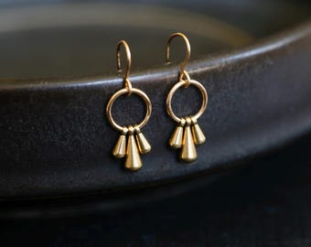 Three Golden Drops Earrings. 14K Gold Filled and Bronze Earrings. Minimalist Gold Teardrop Earrings. Triple drops. Perfect Gold Earrings
