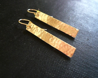 Hammered Gold Bar Earrings in 14K Gold Filled - Simple Geometric Earrings, Long Gold Filled Hammered Rectangle Earrings