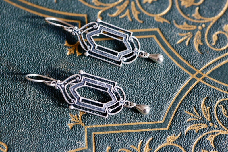 Silver Art Deco Earrings. Ornate architectural window chandelier earrings. Classic Art Deco earrings. Lightweight Victorian drop earrings. image 5