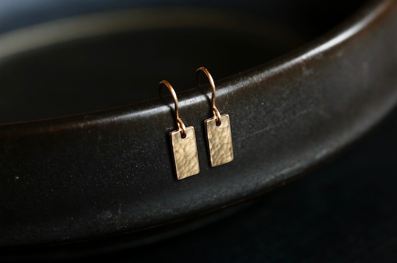 Gold Tag Earrings. Minimalist Gold Rectangle Earrings. Hammered 14K Gold Filled Drop Earrings. Handmade Earrings. Small Gold Bar Earrings. image 8