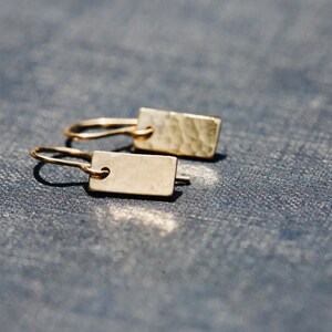 Gold Tag Earrings. Minimalist Gold Rectangle Earrings. Hammered 14K Gold Filled Drop Earrings. Handmade Earrings. Small Gold Bar Earrings. image 6