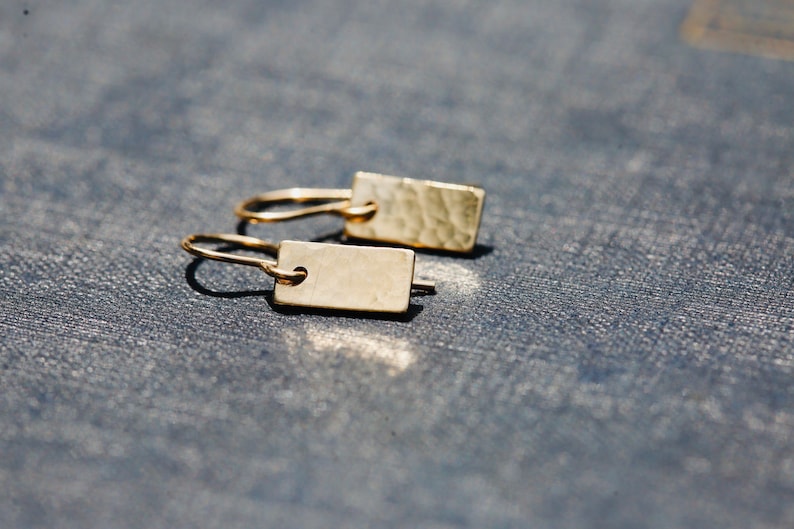 Gold Tag Earrings. Minimalist Gold Rectangle Earrings. Hammered 14K Gold Filled Drop Earrings. Handmade Earrings. Small Gold Bar Earrings. image 6