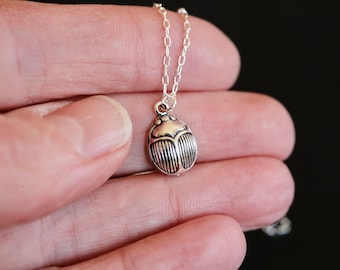 Silver Scarab Beetle Necklace. Solid sterling silver charm necklace. Egyptian symbol of eternal life, good luck and fortune. Good luck charm