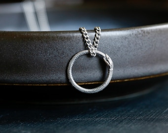 Ouroboros necklace. Sterling silver snake ring on a stainless steel curb chain. Men's Necklace. Silver snake necklace. Cycle of rebirth.