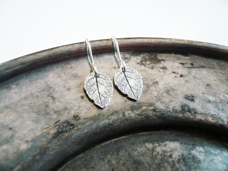 Silver Leaf Earrings in Sterling Silver Tiny Rustic Leaf Earings, Sterling Silver Rose Leaf Earrings, Small Silver Leaf Earrings image 6