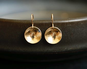 Gold Cup Earrings. 14K gold filled hammered earrings. Minimalist gold earrings. Hammered gold dangle earrings. Round domed drops. Great gift
