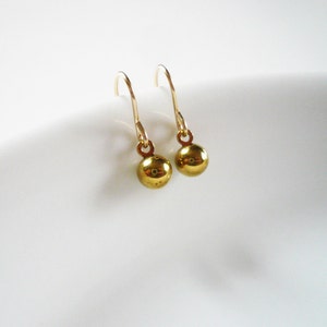 Tiny Gold Ball Earrings in Gold Filled and Vintage Brass - Tiny Everyday Earrings. Simple gold dangle earrings.