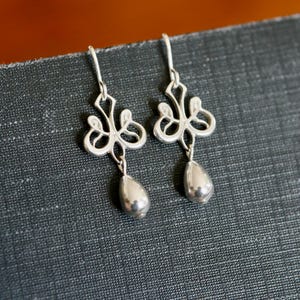 Art Nouveau Earrings. Solid sterling silver drop earrings. Classic silver dangle earrings. Dainty art nouveau jewelry. Mother&#39;s Day Gift.