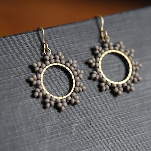 Soft gray sun burst Earrings. Handwoven beaded earrings with 14K gold fill ear wires. Modern beadwork earrings, neutral bead hoop earrings. image 5