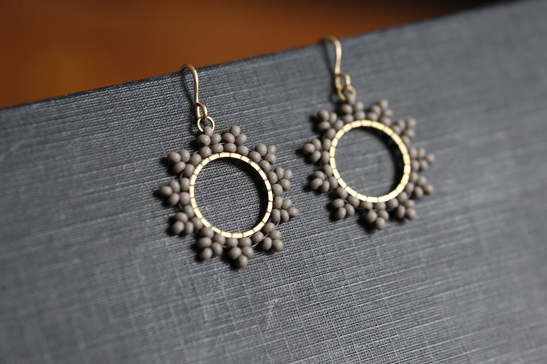 Soft gray sun burst Earrings. Handwoven beaded earrings with 14K gold fill ear wires. Modern beadwork earrings, neutral bead hoop earrings. image 5