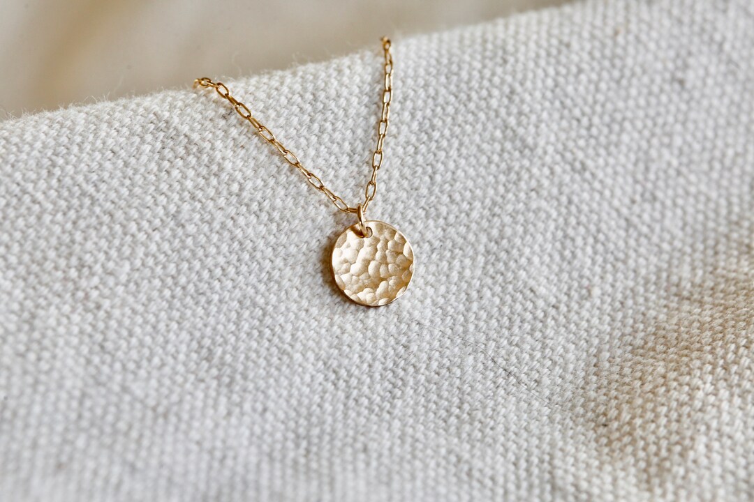 Hammered Gold Coin Necklace. 14K Gold Fill Necklace. Little Gold Circle