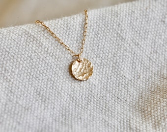 Hammered Gold Coin Necklace. 14K Gold Fill Necklace. Little Gold Circle Necklace, Adjustable length. Gold Disc Necklace. Paperclip Chain.