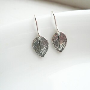 Silver Leaf Earrings in Sterling Silver Tiny Rustic Leaf Earings, Sterling Silver Rose Leaf Earrings, Small Silver Leaf Earrings image 2