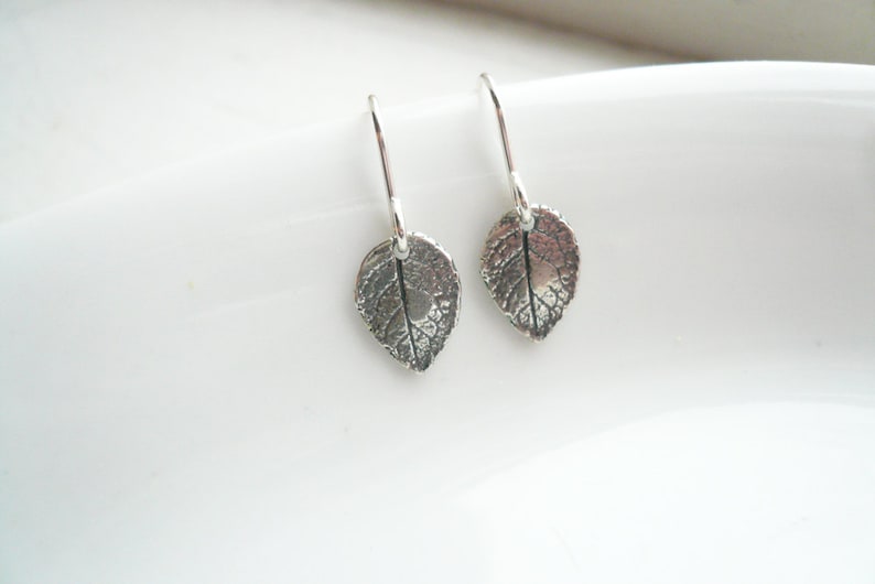 Silver Leaf Earrings in Sterling Silver Tiny Rustic Leaf Earings, Sterling Silver Rose Leaf Earrings, Small Silver Leaf Earrings image 2