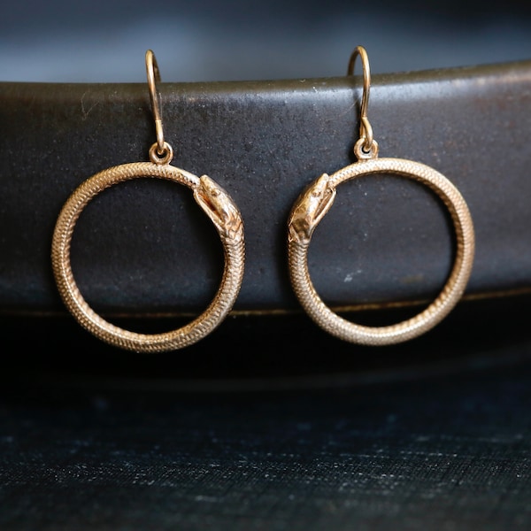 Gold Ouroboros Earrings. Snake circle earrings. Symbol of rebirth. 14K Gold Filled and Bronze Snakes. Unique snake earrings. Snake earrings.