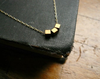 Gold Geometric Necklace - Three Tiny Gold Square Cubes Necklace in Gold Filled and Vintage Brass, Simple Dainty Everyday Jewelry