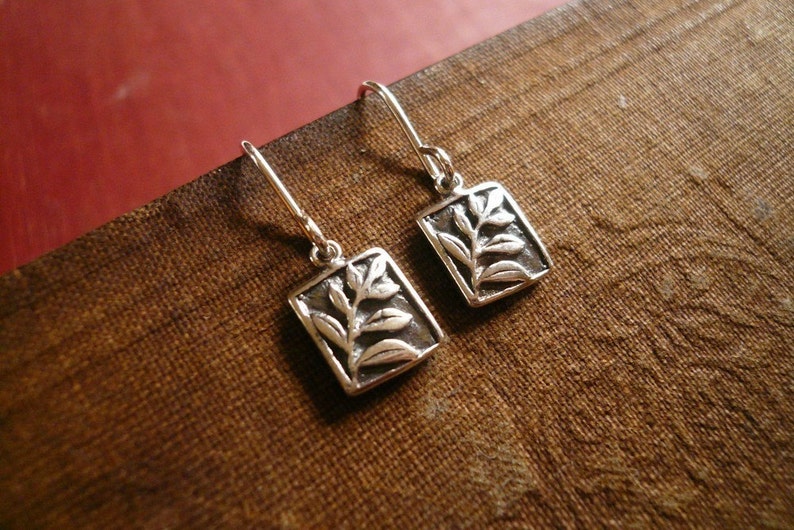 Tiny Fern Earrings in Sterling Silver Small Detailed Botanical branch and rectangle drops. Dainty everyday jewelry. Great teacher gift. image 8