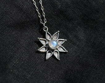 Moonstone Necklace. Blue Flash Rainbow Moonstone in a Flower Shaped Setting. 925 Sterling Silver and genuine moonstone. Gemstone jewelry.