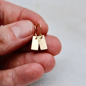 Gold Tag Earrings. Minimalist Gold Rectangle Earrings. Hammered 14K Gold Filled Drop Earrings. Handmade Earrings. Small Gold Bar Earrings. image 3