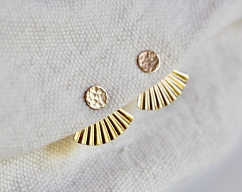 Dot and Fan Earrings. Gold EarJackets - Statement Earrings. Minimalist 14K Gold Filled Studs. Front and Back Earrings. Hammered gold studs.