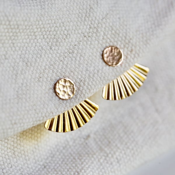 Dot and Fan Earrings. Gold EarJackets - Statement Earrings. Minimalist 14K Gold Filled Studs. Front and Back Earrings. Hammered gold studs.