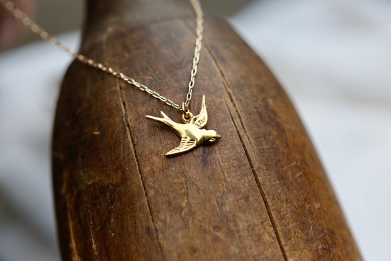 Golden Sparrow Necklace. Tiny Gold Sparrow Necklace in Gold Filled and Vermeil Dainty Gold Bird Pendant Necklace. Gold Swallow Necklace. Etsy