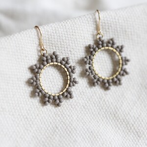 Soft gray sun burst Earrings. Handwoven beaded earrings with 14K gold fill ear wires. Modern beadwork earrings, neutral bead hoop earrings. image 2