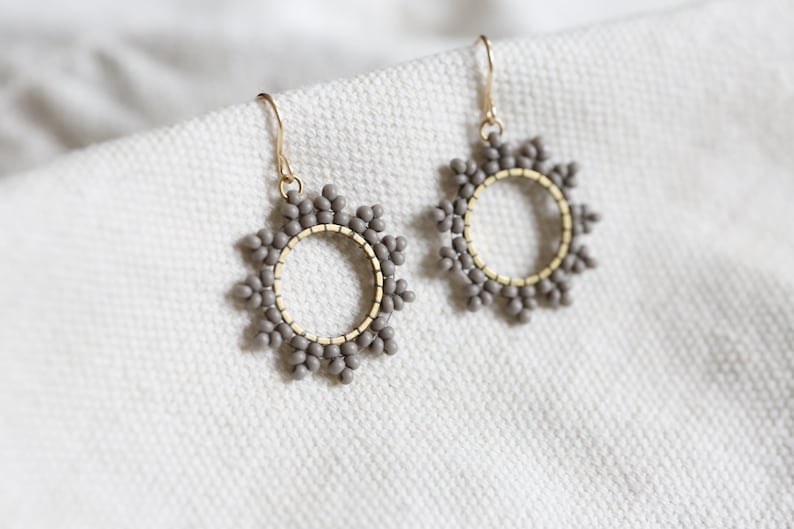 Soft gray sun burst Earrings. Handwoven beaded earrings with 14K gold fill ear wires. Modern beadwork earrings, neutral bead hoop earrings. image 2