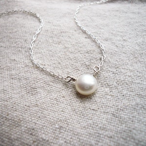Perfect Pearl Necklace - Single Pearl Necklace, Pearl Solitaire. White Fresh Water Pearl and 925 Sterling Silver Chain. Real Pearl Necklace.