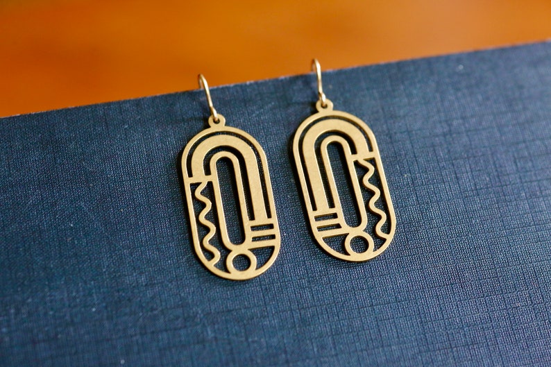 Unique gold earrings. Large geometric brass shapes with 14K gold filled ear wires. Modern earrings. Artsy earrings. Statement earrings. image 3