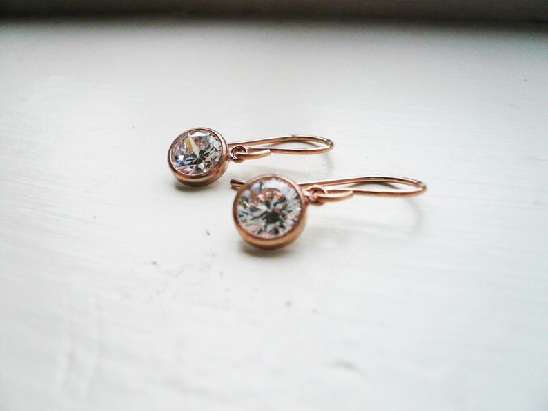 Rose Gold Earrings Tiny Pink Gold CZ Earrings Rose Gold Bridal Earrings, 14K Gold Filled Earrings, Diamond Look Earrings Cubic Zirconia image 2