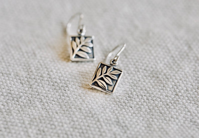 Tiny Fern Earrings in Sterling Silver Small Detailed Botanical branch and rectangle drops. Dainty everyday jewelry. Great teacher gift. image 2