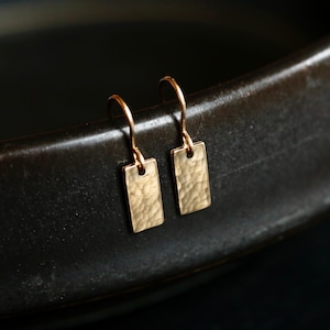 Gold Tag Earrings. Minimalist Gold Rectangle Earrings. Hammered 14K Gold Filled Drop Earrings. Handmade Earrings. Small Gold Bar Earrings. image 1