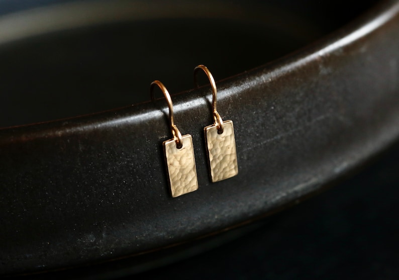 Gold Tag Earrings. Minimalist Gold Rectangle Earrings. Hammered 14K Gold Filled Drop Earrings. Handmade Earrings. Small Gold Bar Earrings. image 1