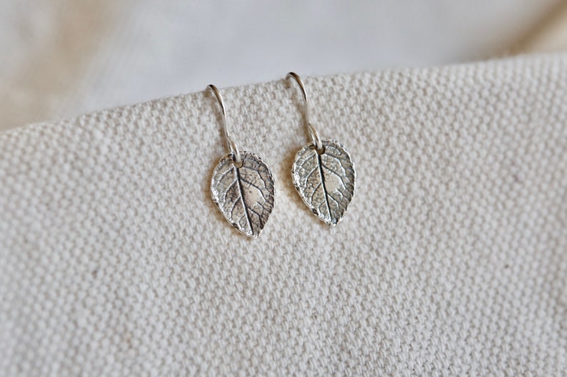 Silver Leaf Earrings in Sterling Silver Tiny Rustic Leaf Earings, Sterling Silver Rose Leaf Earrings, Small Silver Leaf Earrings image 3