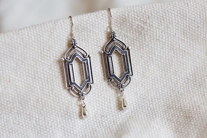 Silver Art Deco Earrings. Ornate architectural window chandelier earrings. Classic Art Deco earrings. Lightweight Victorian drop earrings. image 9