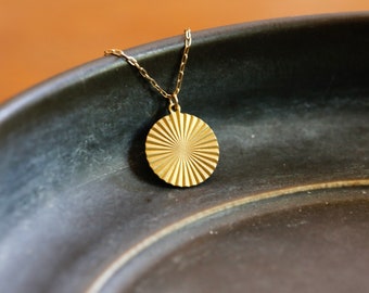 Gold Medallion Necklace. Sunburst coin necklace. Gold layering necklace. Minimalist gold jewelry. Handmade necklace. Great gift for her.