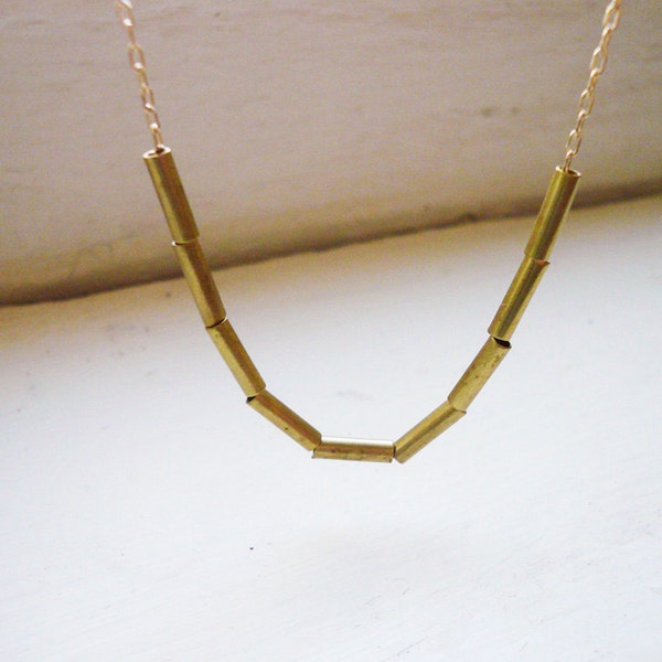 Tiny Tubes Necklace in Brass and Gold Filled - Simple Dainty Geometric Necklace, Tiny Gold Vintage Tube Bead Necklace