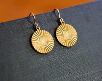 Sunburst Earrings. Golden brass and 14K gold filled earrings. Gold Medallion Earrings. Radiating Sun Earrings. Gold Drops. Art Deco Earrings