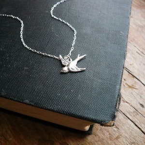 Silver Swallow Necklace in Sterling Silver. Sparrow Necklace. Flying Bird Charm, Little Bird Necklace. Gift for bird lovers or bird watchers image 1
