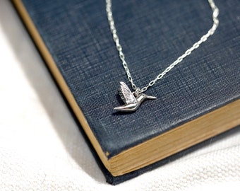 Silver Hummingbird Necklace - Silver Bird Necklace, Hummingbird Jewelry.  Birdwatcher jewelry.  Bird Charm Necklace. Gardening gift for mom