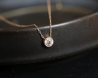Diamond Look Necklace - Tiny 14K Gold filled and sparkling CZ Necklace. Gold and Diamond Necklace. Floating CZ solitaire pendant necklace.