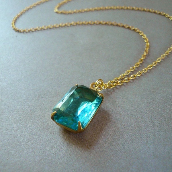 Gold Brass and Vintage Blue Glass Topaz Rhinestone Necklace