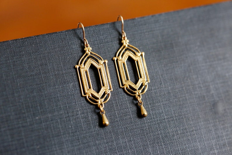 Gold Art Deco Earrings. 14K Gold Filled and Brass Earrings. Gold architectural window chandelier earrings. Classic Art Deco earrings. image 1