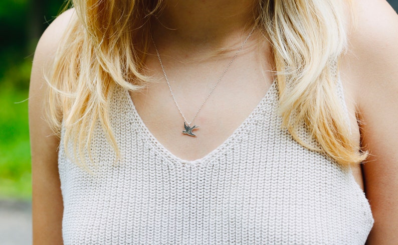 Silver Swallow Necklace in Sterling Silver. Sparrow Necklace. Flying Bird Charm, Little Bird Necklace. Gift for bird lovers or bird watchers image 3