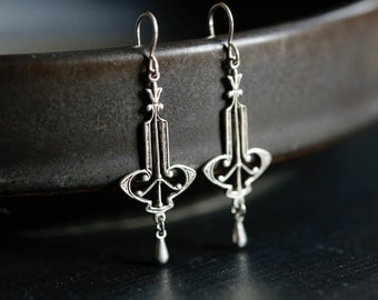 Silver Art Nouveau Earrings.  Sterling Silver Ear wires. Silver chandelier earrings. Silver Wedding Earrings. Sweet Bridesmaid Gift.